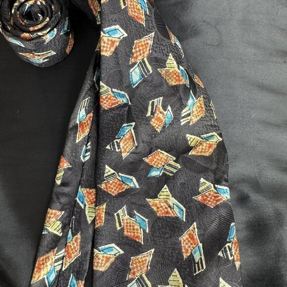 Vintage Damon Mens Black Necktie Blue and Orange Geometric Silk Made In Italy - Picture 10 of 16